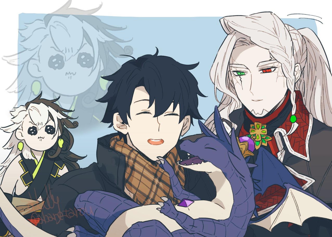 3boys alessandro_di_cagliostro_(fate) ashiya_douman_(fate) ashiya_douman_(second_ascension)_(fate) asymmetrical_hair black_hair blue_background border braid closed_eyes cracked_skin creature deformed dragon earrings facial_hair fate/grand_order fate_(series) fujimaru_ritsuka_(male) fujimaru_ritsuka_(male)_(winter_casual) green_eyes hair_between_eyes heterochromia holding holding_creature jacket jealous jewelry long_hair male_focus multicolored_hair multiple_boys mushitori_(pixiv261122) open_mouth ponytail red_eyes scarf simple_background smile split-color_hair tearing_up two-tone_hair white_border white_hair zoom_layer