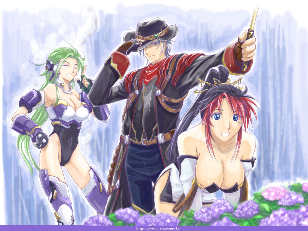 1boy 2girls aschen_brodel asou_naruto banpresto black_hair blue_eyes bodysuit breasts cleavage cowboy cowboy_hat cowboy_western detached_sleeves fingerless_gloves gauntlets gloves green_hair grey_hair hair_ornament harken_browning hat large_breasts long_hair multicolored_hair multiple_girls nanbu_kaguya navel ponytail red_hair robot_ears super_robot_wars super_robot_wars_og_saga_mugen_no_frontier two-tone_hair western white_hair