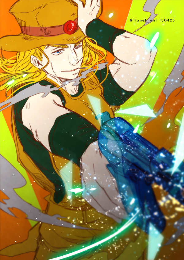 1boy blonde_hair blue_eyes cigarette cowboy_hat emperor_(stand) gun handgun hat hol_horse jojo_no_kimyou_na_bouken long_hair male_focus one_eye_closed revolver solo sparkle stand_(jojo) stardust_crusaders tianel_ent weapon