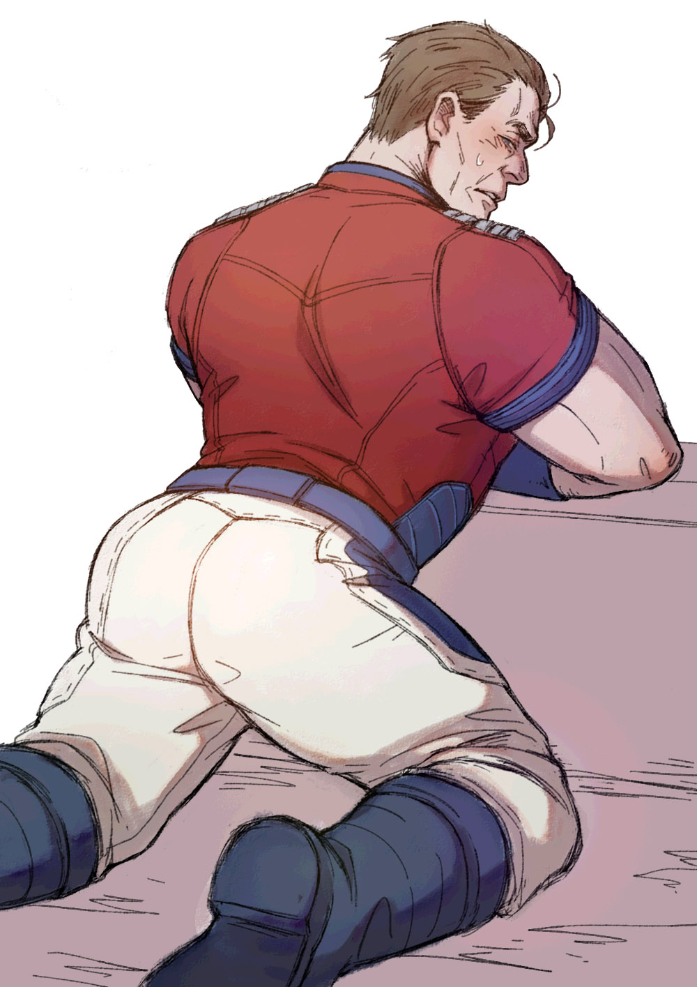1boy asd4486 ass back bara belt blush boots dc_comics dc_extended_universe highres kneeling male_focus muscular muscular_male pants peacemaker_(dc) peacemaker_(hbo_max) red_shirt shirt short_hair simple_background solo suicide_squad the_suicide_squad_(2021_movie) white_background white_pants