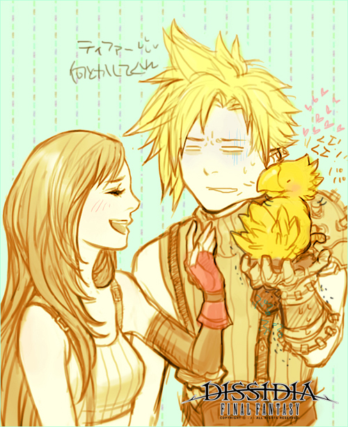 1990s_(style) 1boy 1girl bird biting blonde_hair brown_hair chick chocobo cloud_strife dissidia_012_final_fantasy dissidia_final_fantasy final_fantasy final_fantasy_vii fingerless_gloves gloves j_(onose1213) long_hair shaded_face sleeveless sleeveless_turtleneck tifa_lockhart turtleneck
