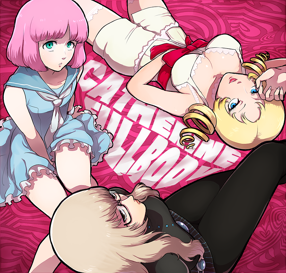 1boy 2girls black_pants black_shirt blonde_hair blue_eyes blue_sailor_collar blue_serafuku bob_cut bracelet breasts brown_eyes brown_hair catherine:_full_body catherine_(atlus_character) catherine_(game) choker cleavage crossdressing dress glasses green_eyes hand_on_own_face hand_on_own_stomach heart hoshi_(star-name2000) jewelry katherine_mcbride long_hair looking_at_viewer multiple_girls necktie pants pink_background pink_hair red_ribbon resting ribbon rin_(catherine) sailor_collar school_uniform serafuku shirt short_dress short_hair short_twintails sitting thighhighs twintails white_choker white_dress white_necktie white_thighhighs