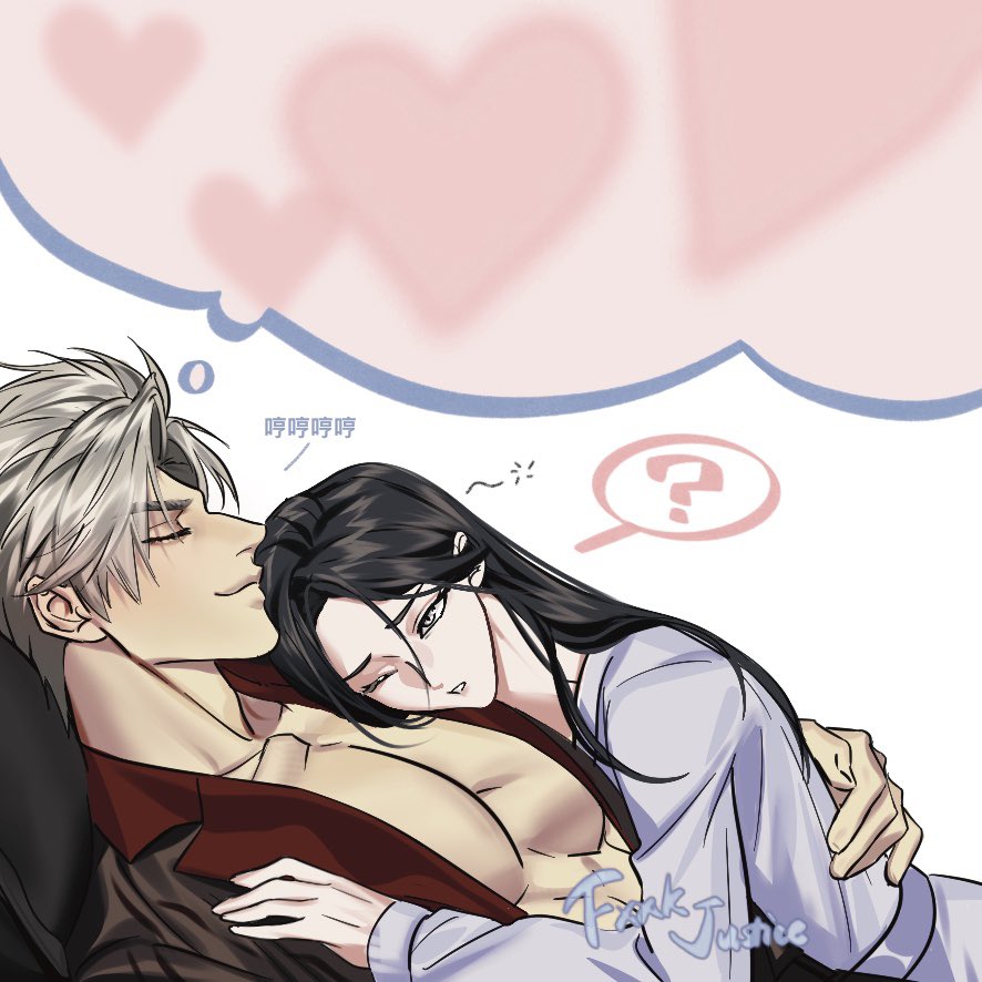 1boy 1girl ? black_hair blue_robe chinese_commentary commentary_request grey_eyes grey_hair heart hetero large_pectorals love_and_deepspace one_eye_closed pectoral_cleavage pectorals protagonist_(love_and_deepspace) robe shinkaifuyuki sleeping sleeping_on_person smile speech_bubble spoken_question_mark sylus_(love_and_deepspace) thought_bubble
