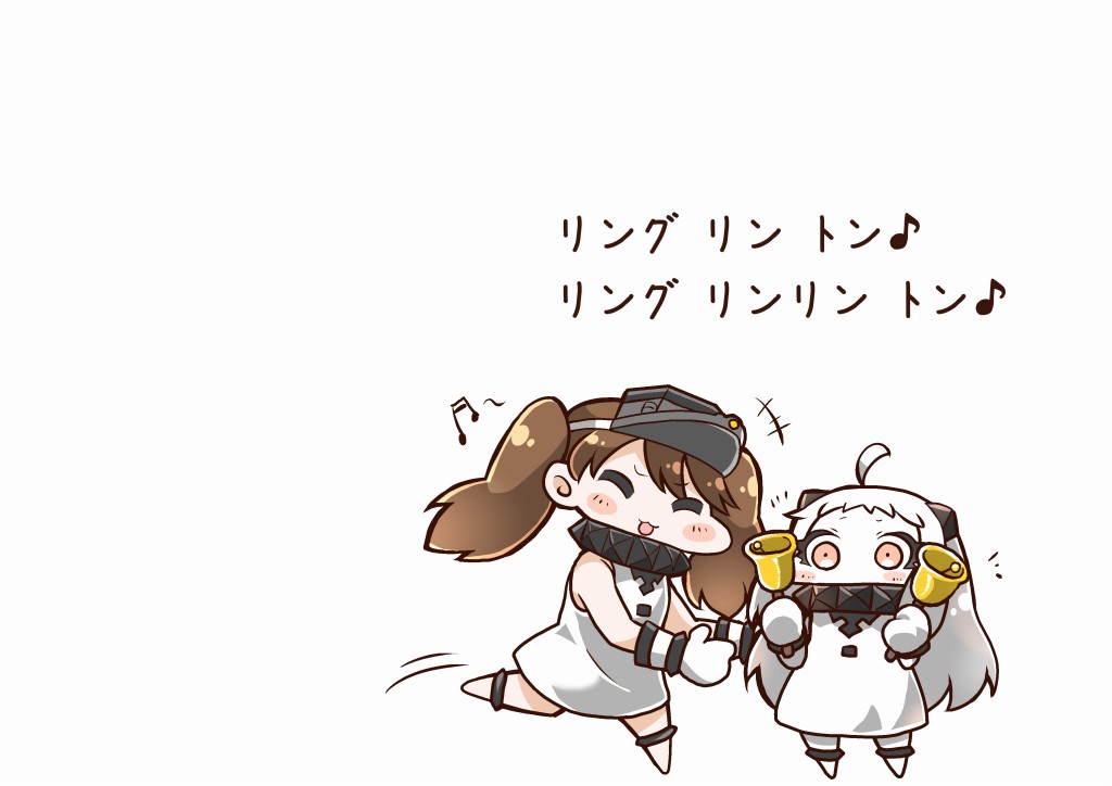 2girls abyssal_ship ahoge alternate_costume bell brown_eyes brown_hair comic cosplay dress closed_eyes horns kantai_collection long_hair mittens multiple_girls musical_note northern_ocean_hime_(cosplay) northern_ocean_princess open_mouth pale_skin red_eyes ryuujou_(kancolle) sleeveless sleeveless_dress tanaka_kusao white_dress white_hair