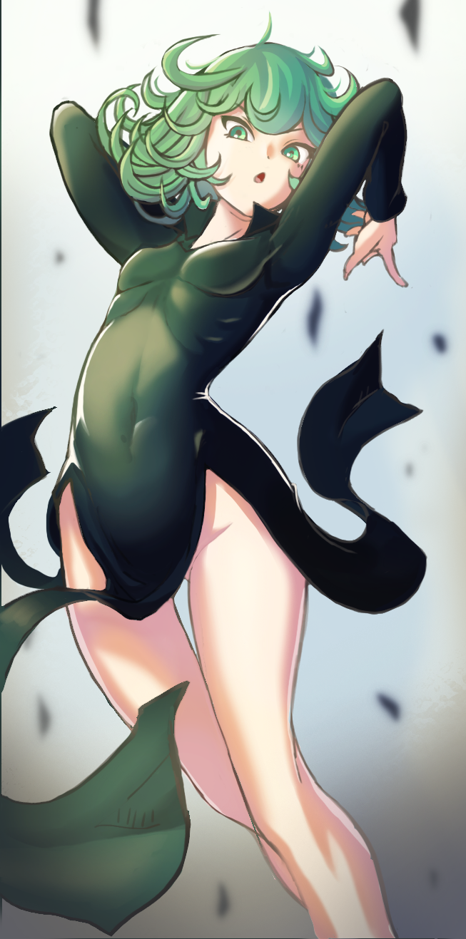 1girl arms_up breasts dress female_focus green_hair highres hitomaruniigo messy_hair no_panties one-punch_man ribs short_hair small_breasts solo tatsumaki thigh_gap