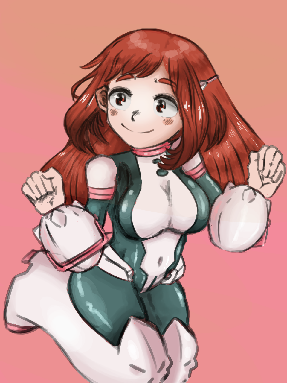 1girl alternate_hair_length alternate_hairstyle blush boku_no_hero_academia boots closed_mouth custom full_body highres long_hair looking_at_viewer non-web_source simple_background smile solo uraraka_ochako