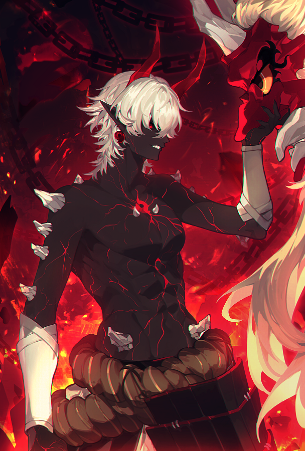 1boy abs alfnfmd animal_ears arm_up black_nails black_sclera black_skin bracer breasts chain clenched_teeth colored_sclera colored_skin earrings fingernails fire from_side glowing_veins horns jewelry magatama magatama_earrings male_focus mask medium_breasts no_nipples onmyoji ootakemaru pectorals pointy_ears profile red_eyes red_theme rope sharp_fingernails shimenawa solo teeth topless_male veins white_hair wolf_ears