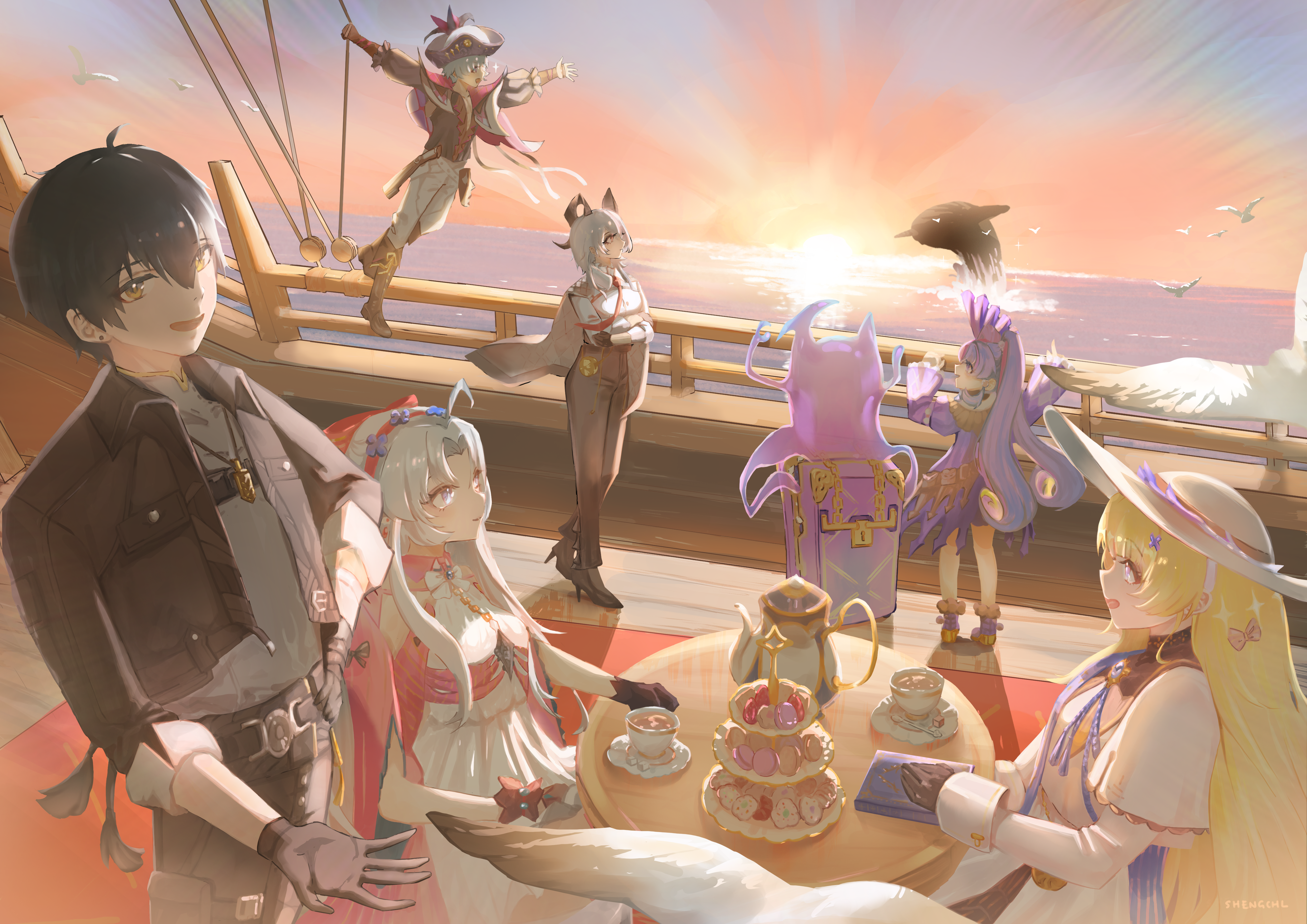 2boys 4girls absurdres ahoge bird black_gloves black_hair black_horns black_jacket blonde_hair blue_gemstone blue_hair blue_sash boat bow bowtie brant_(wuthering_waves) cake_stand carlotta_(wuthering_waves) crown_of_thorns cup demon_horns dress food gem gloves gold_necklace grey_shirt hair_ornament hat headband high_heels highres horns jacket jacket_on_shoulders jewelry long_hair macaron male_rover_(wuthering_waves) multicolored_dress multicolored_eyes multiple_boys multiple_girls necklace necktie ocean on_boat open_clothes open_jacket open_mouth open_suitcase pants pero_(wuthering_waves) phoebe_(wuthering_waves) pink_bow pink_bowtie pirate_hat purple_dress purple_hair red_carpet red_necktie roccia_(wuthering_waves) rover_(wuthering_waves) sash sheng_chl shirt short_hair skirt sleeves_rolled_up smile suitcase sun sun_hat table teacup teapot tight_clothes tight_pants tight_shirt twintails two-tone_eyes watercraft whale white_bird white_hair white_hat white_pants white_shirt white_skirt wooden_table wuthering_waves x_hair_ornament yellow_eyes zani_(wuthering_waves)