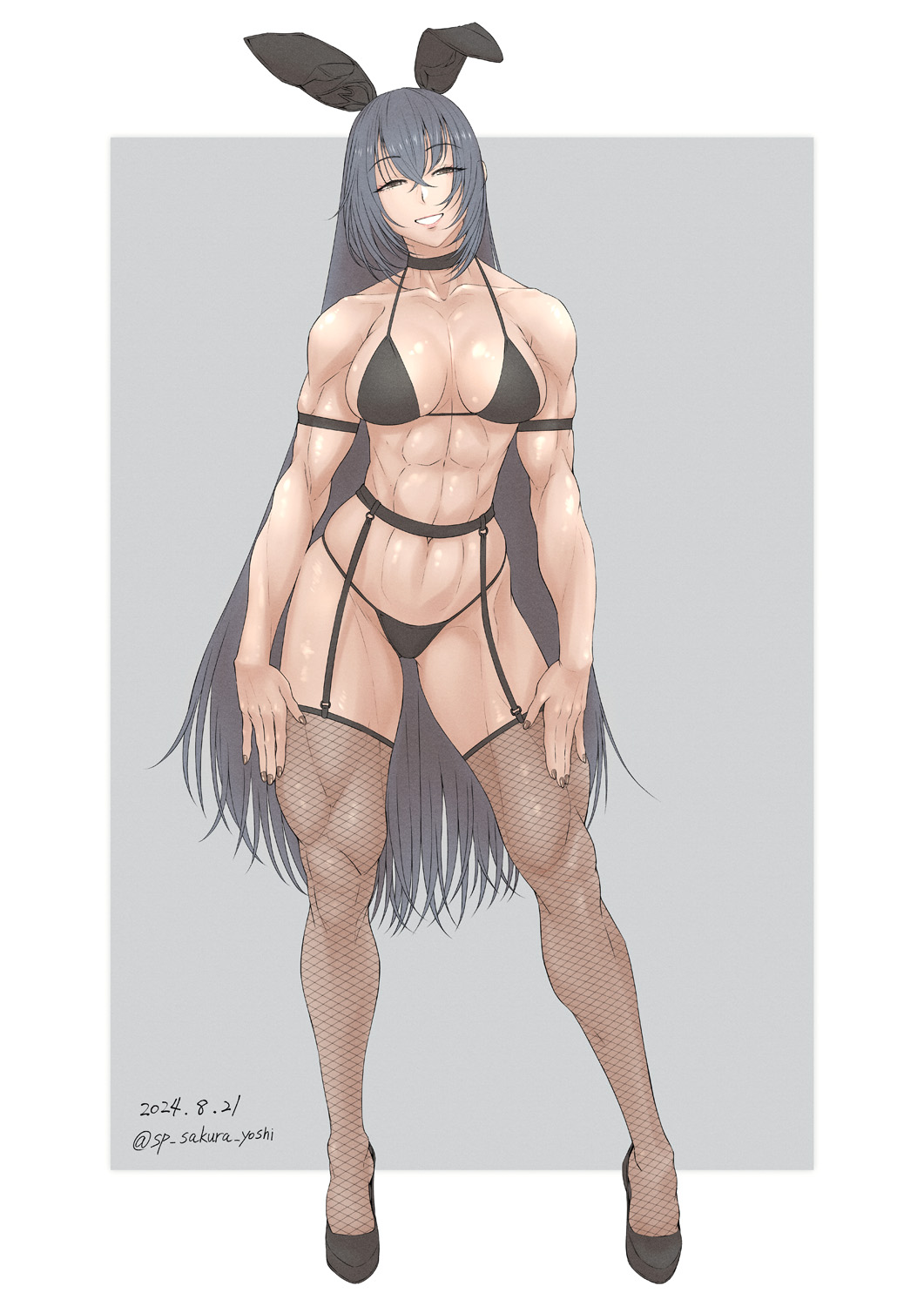 1girl abs animal_ears black_bra black_choker black_footwear black_garter_belt black_hair black_panties bra brown_eyes bunny_day choker fake_animal_ears fishnet_thighhighs fishnets full_body garter_belt hair_between_eyes high_heels highres kantai_collection long_hair muscular muscular_female nagato_(kancolle) panties rabbit_ears smile solo standing thighhighs underwear underwear_only very_long_hair yuichi_(sp_sakura_yoshi)