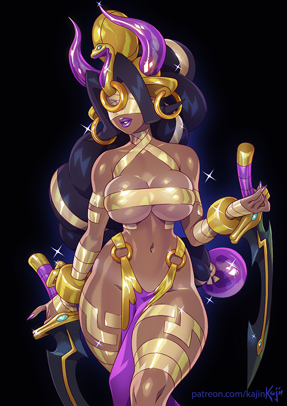 1girl arm_wrap armlet artist_name bandeau bare_shoulders black_background black_hair breasts cleavage commentary covered_eyes cowboy_shot cuffs dark-skinned_female dark_skin english_commentary gold_armlet gold_thighlet hair_ornament highleg holding holding_weapon jewelry kajin_(kajinman) khopesh khopesh_(kajin) large_breasts leg_wrap loincloth long_hair navel no_panties o-ring o-ring_bottom open_mouth original parted_lips patreon_username pelvic_curtain purple_lips purple_nails shackles shiny_skin simple_background skindentation solo sparkle standing sword thick_thighs thighlet thighs underboob weapon wide_hips