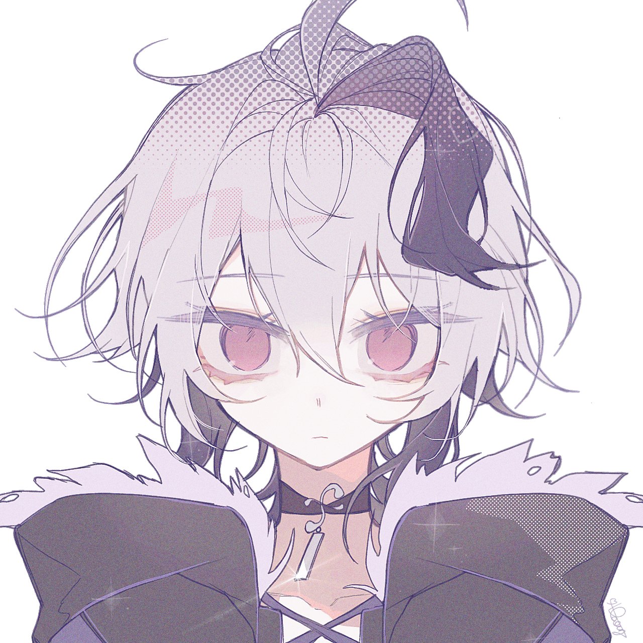 1girl ahoge black_jacket collarbone criss-cross_straps danleu expressionless flower_(gynoid_talk) flower_(vocaloid) fur-trimmed_jacket fur_trim glint gynoid_talk halftone hashtag-only_commentary highres jacket looking_at_viewer multicolored_hair pendant_choker portrait purple_eyes purple_hair short_hair signature simple_background solo sparkle straight-on streaked_hair two-tone_hair vocaloid white_background white_hair