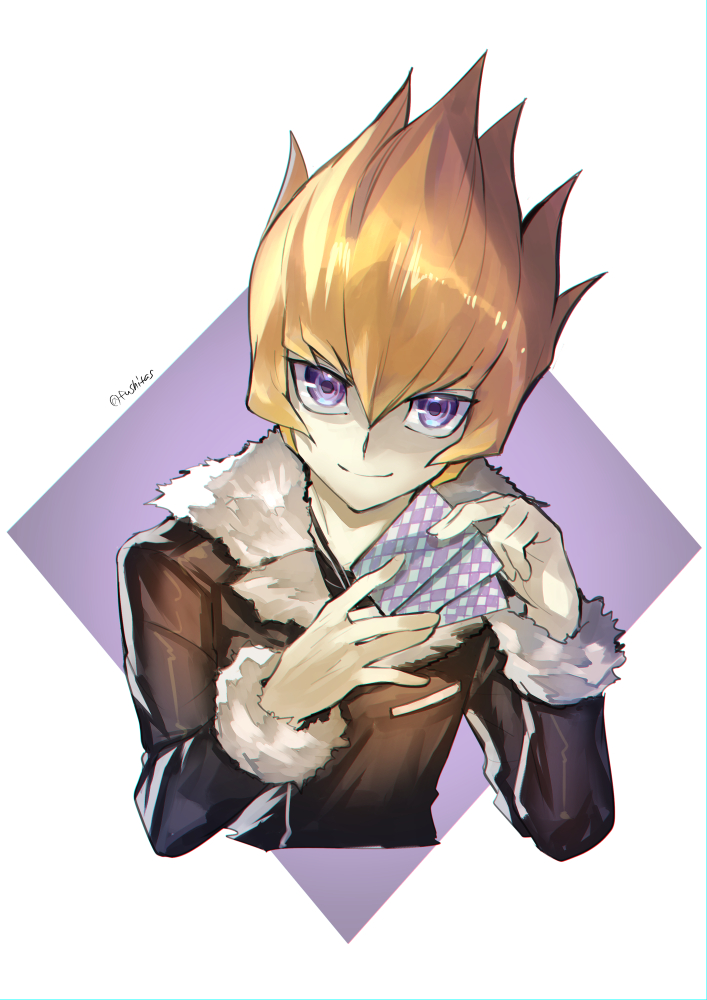 1boy black_jacket brown_hair card closed_mouth commentary_request cropped_torso fur-trimmed_jacket fur_trim fushitasu holding holding_card jacket long_sleeves male_focus purple_eyes short_hair smile solo spiked_hair vector_(yu-gi-oh!) yu-gi-oh! yu-gi-oh!_zexal
