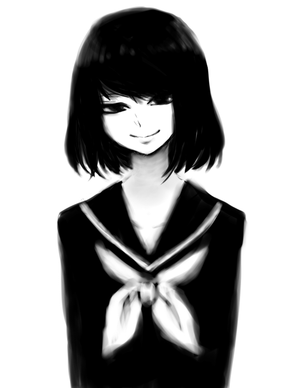 1girl black_eyes black_hair greyscale looking_at_viewer monochrome monotsuki neckerchief original school_uniform serafuku short_hair simple_background smile solo white_background