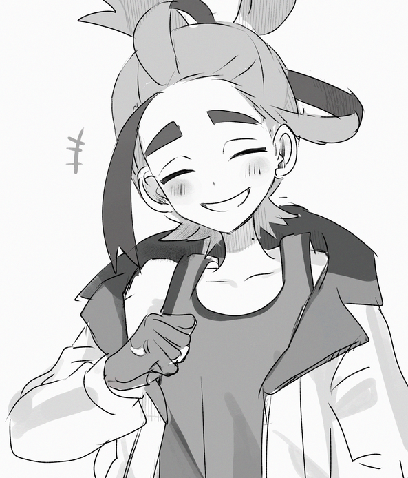 +++ 1boy blush closed_eyes collarbone commentary_request gloves greyscale grin hand_up happy jacket kieran_(pokemon) male_focus mole mole_on_neck monochrome multicolored_hair mxkjxm_(nhss2337) nintendo open_clothes open_jacket pokemon pokemon_sv shirt simple_background sleeveless sleeveless_shirt smile solo teeth two-tone_hair upper_body