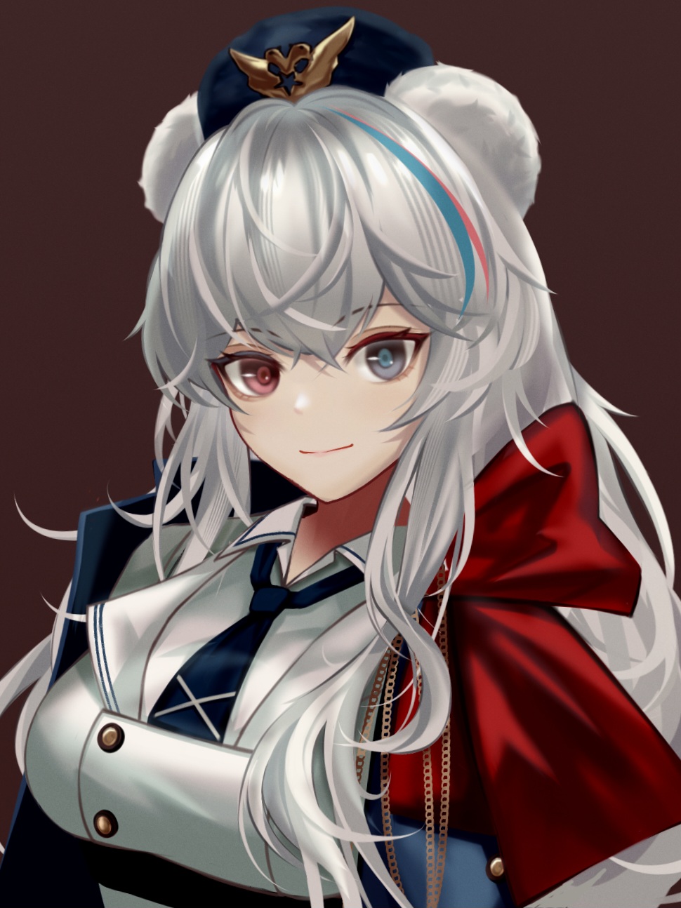 1girl animal_ears arknights bear_ears blue_necktie fur_trim grey_eyes hair_between_eyes heterochromia highres jacket long_hair long_sleeves looking_at_viewer multicolored_eyes multicolored_hair necktie reeper_gtr rosa_(arknights) simple_background smile solo standing streaked_hair white_background white_hair white_jacket