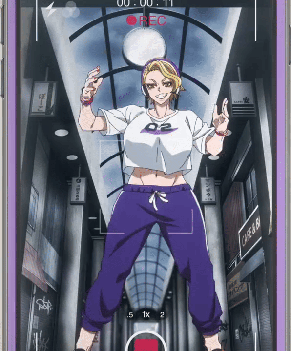 1girl 2025 20s animated animated_gif baggy_clothes baggy_pants blonde_hair bouncing_breasts breasts cellphone cleavage crop_top dancing eyeshadow headphones iphone large_breasts makeup mall nail_polish pants phone recording sazanami_kuina shirt shoes shopping_mall short_hair smartphone sports_bra t-shirt tagme tougen_anki track_pants white_shirt wristband yellow_eyes
