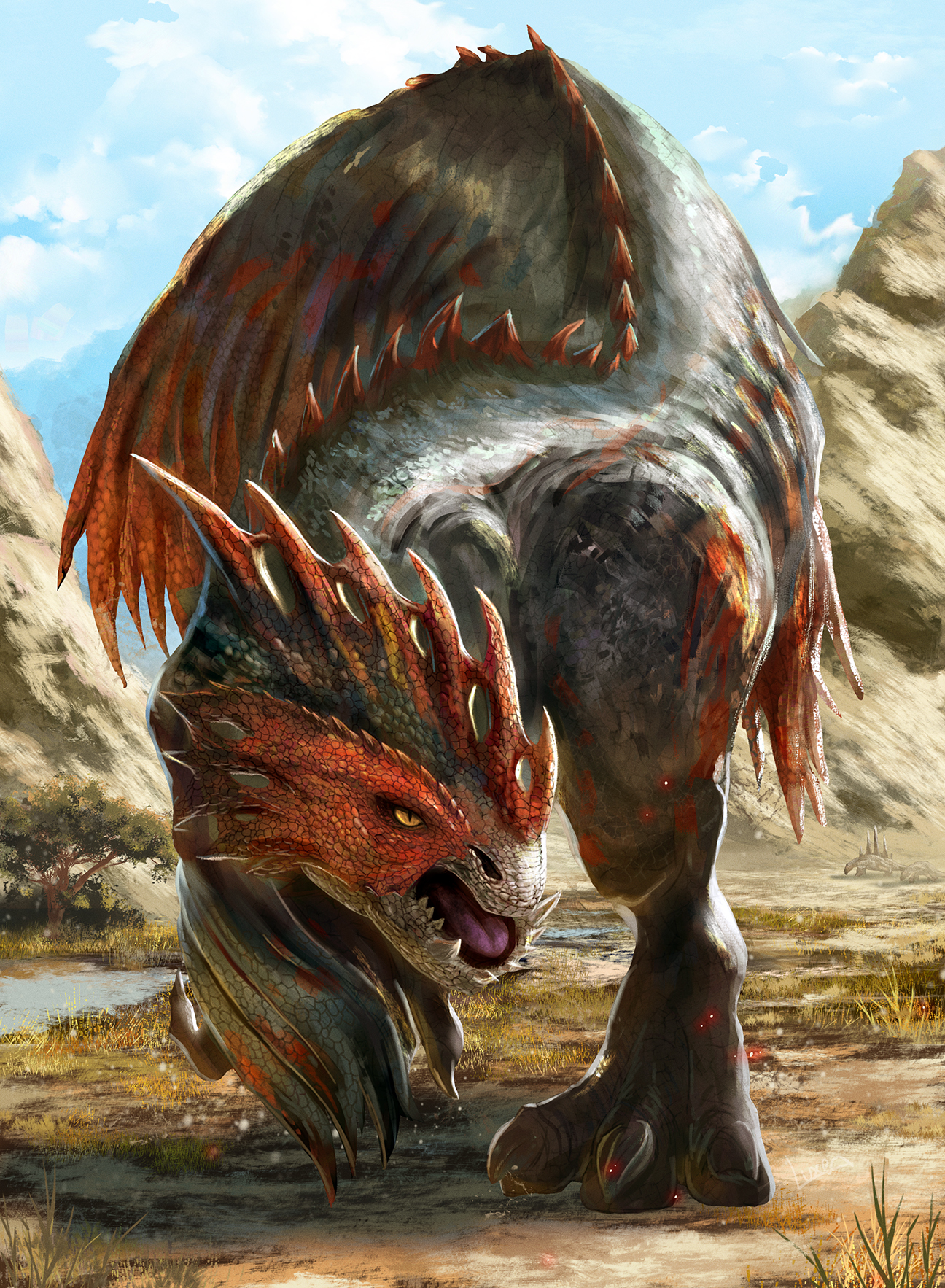 bearluxe blue_sky ceratonoth cockatrice digitigrade dinosaur grass highres looking_at_viewer monster monster_focus monster_hunter_(series) monster_hunter_wilds mountainous_horizon no_humans open_mouth outdoors quematrice scales sharp_teeth sky slit_pupils tail teeth tree water yellow_eyes