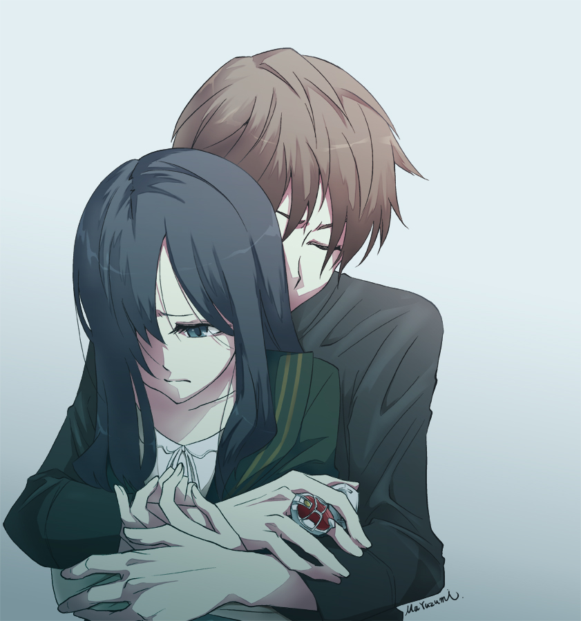 1boy 1girl bad_id bad_pixiv_id black_hair brown_hair closed_eyes hetero hug hug_from_behind jewelry kamen_rider kamen_rider_wizard_(series) koyomi_(kamen_rider_wizard) long_hair ring souma_haruto tatsuara