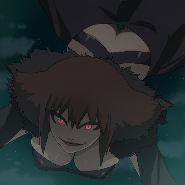 1girl ass breasts brown_hair cleavage closed_mouth cloud glowing glowing_eyes haruyama_kazunori large_breasts lipstick long_hair looking_at_viewer makeup nakagawa_mikaze seikimatsu_occult_gakuin smile solo star_(sky)