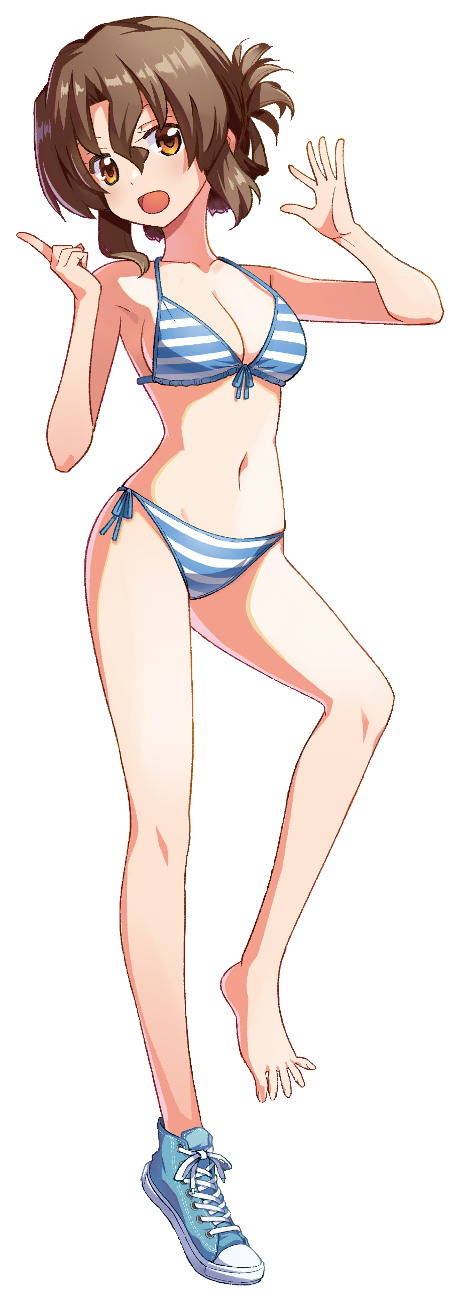 1girl absurdres armpits bare_shoulders barefoot bikini blush breasts brown_hair cleavage feet folded_ponytail full_body hata_kenjirou hayate_no_gotoku! highres large_breasts legs looking_at_viewer maria_(hayate_no_gotoku!) navel one_shoe open_mouth red_eyes shoes smile solo stomach striped_bikini striped_clothes swimsuit thighs transparent_background