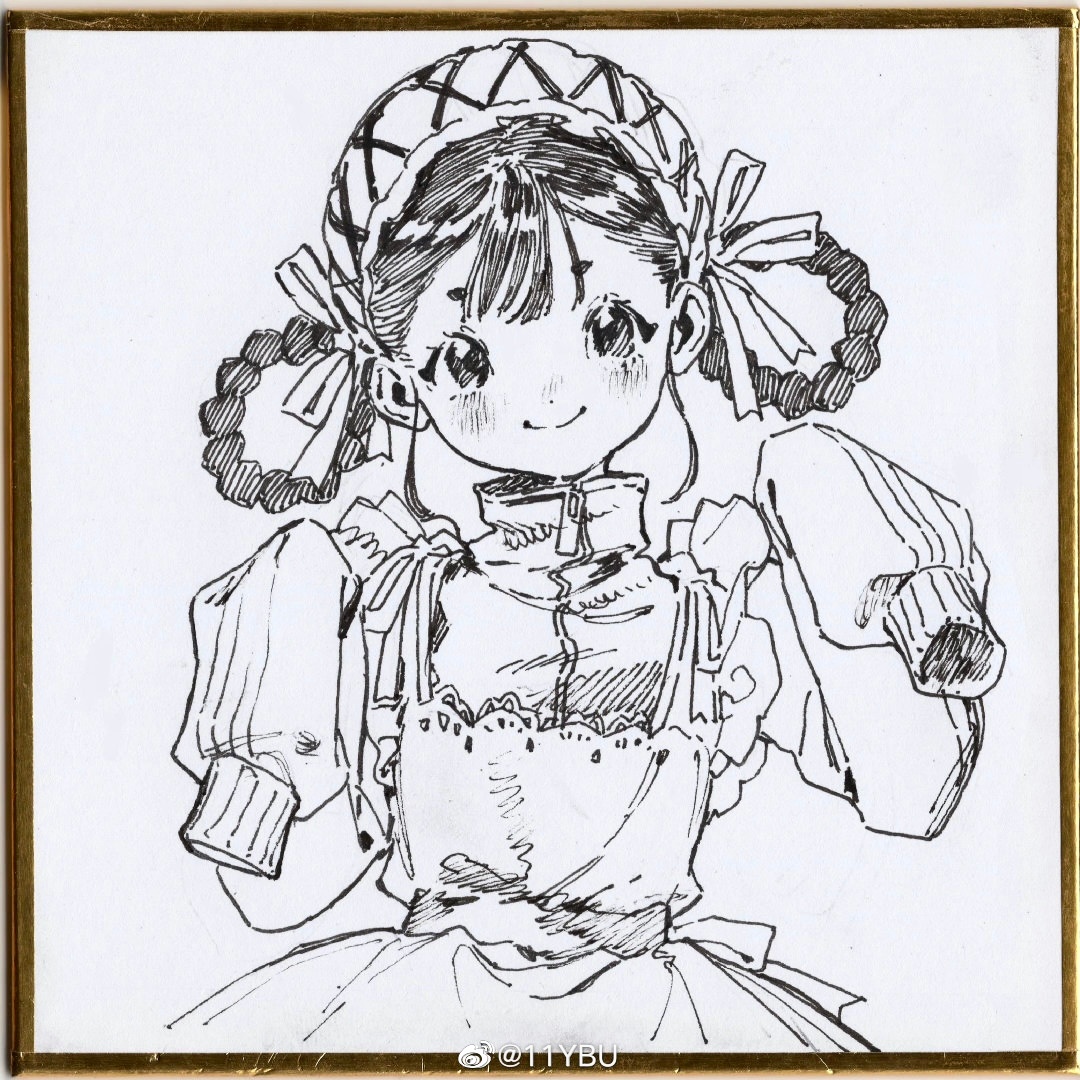 1girl apron back_bow blunt_bangs bow braid braided_hair_rings closed_mouth cowboy_shot dot_nose eyelashes frilled_apron frills fur-trimmed_headwear fur_trim greyscale hair_ribbon hair_rings hands_up happy hat hidari_(nanmu-left) jacket lace-trimmed_apron lace_trim light_blush monochrome original ribbon short_hair simple_background skirt sleeves_past_fingers sleeves_past_wrists smile solo striped_clothes striped_skirt tareme traditional_media turtleneck turtleneck_jacket vertical-striped_clothes vertical-striped_skirt watermark weibo_watermark white_background zipper zipper_pull_tab