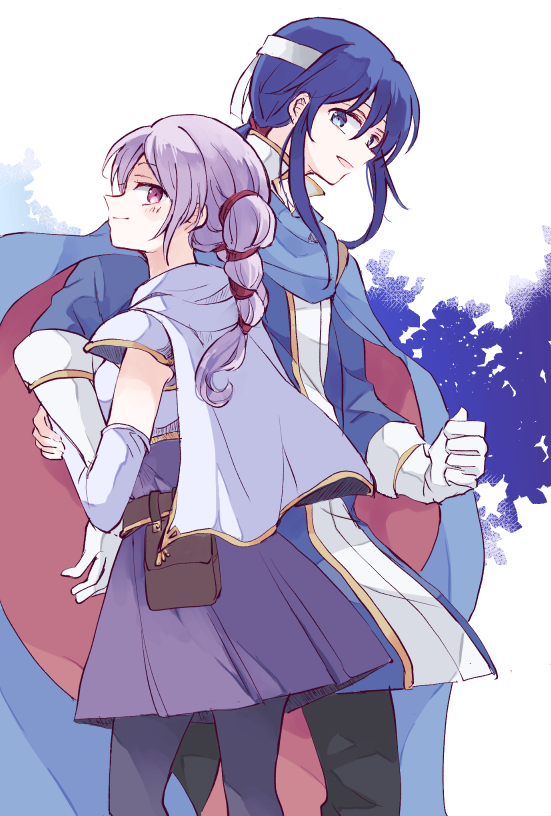 1boy 1girl blue_eyes blue_hair cape capelet elbow_gloves fire_emblem fire_emblem:_genealogy_of_the_holy_war gloves headband holding_own_arm kitano_373 long_hair looking_at_viewer nintendo pantyhose red_eyes seliph_(fire_emblem) smile thighhighs tine_(fire_emblem) twintails