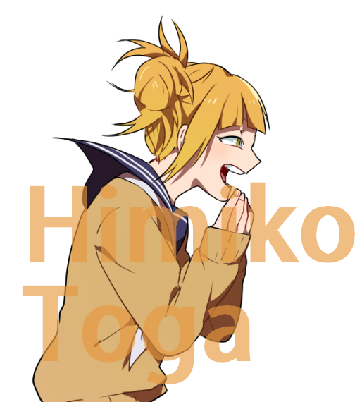 10s 1girl blonde_hair boku_no_hero_academia cardigan character_name double_bun english_text female_focus hair_bun kayasamad messy_hair open_mouth profile school_uniform serafuku smile solo toga_himiko upper_body yellow_eyes