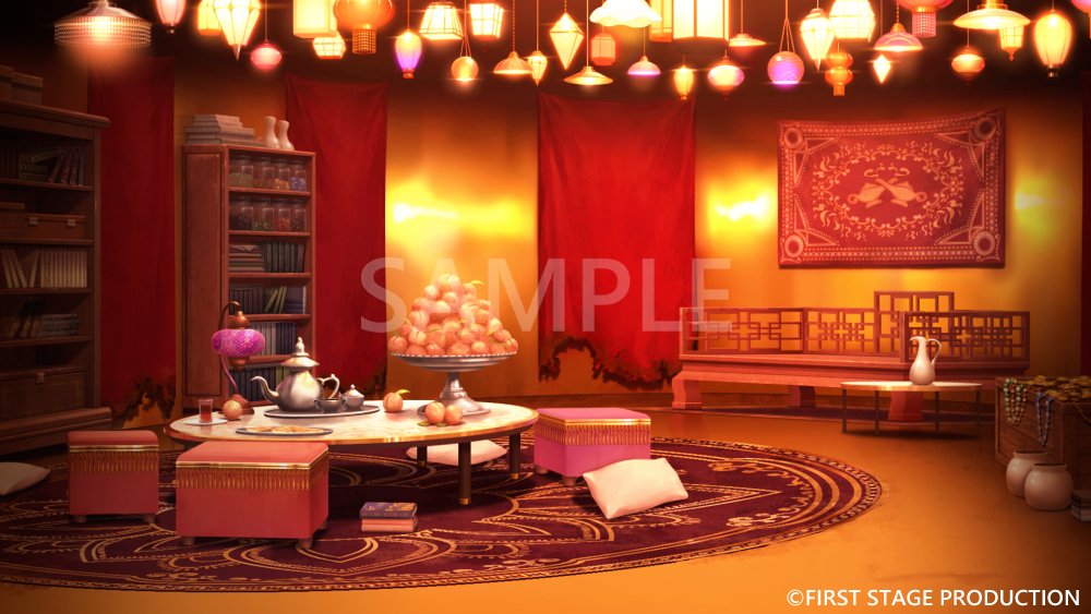 book book_stack bookshelf burnt copyright_notice couch cup curtains cushion drinking_glass first_stage_production food fruit fruit_bowl hanging_light indoors jug_(bottle) lamp lantern malim_cendari middle_eastern_architecture mikiproject_4 no_humans official_art peach plate rug sample_watermark scenery stool table tea teacup teapot tray treasure_chest vase watermark