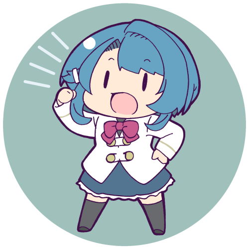 1girl aizawa_kazuha artist_name assault_lily asymmetrical_hair black_shoes black_thighhighs blue_hair blue_skirt bow bowtie chibi clenched_hand commentary_request full_body green_background hair_ornament hairclip hand_on_own_hip hand_up herensuge_girls_academy_school_uniform jacket long_sleeves looking_at_viewer lowres masaki_itsuki miniskirt open_mouth red_bow red_bowtie round_image school_uniform shoes short_hair simple_background skirt solo standing thighhighs transparent_background white_jacket zettai_ryouiki |_|