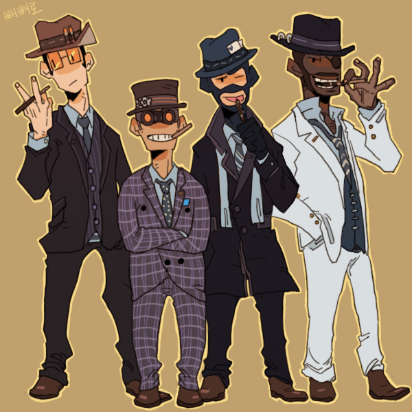 22_(tak_ja) 4boys bad_id bad_pixiv_id balaclava blu_demoman_(tf2) blu_engineer_(tf2) blu_sniper_(tf2) blu_spy_(tf2) cigar dark-skinned_male dark_skin demoman_(tf2) engineer_(tf2) eyepatch formal_clothes gloves goggles grin hat heart loose_necktie male_focus mouth_hold multiple_boys necktie one_eye_closed simple_background smile sniper_(tf2) spy_(tf2) standing suit sunglasses team_fortress_2 wink