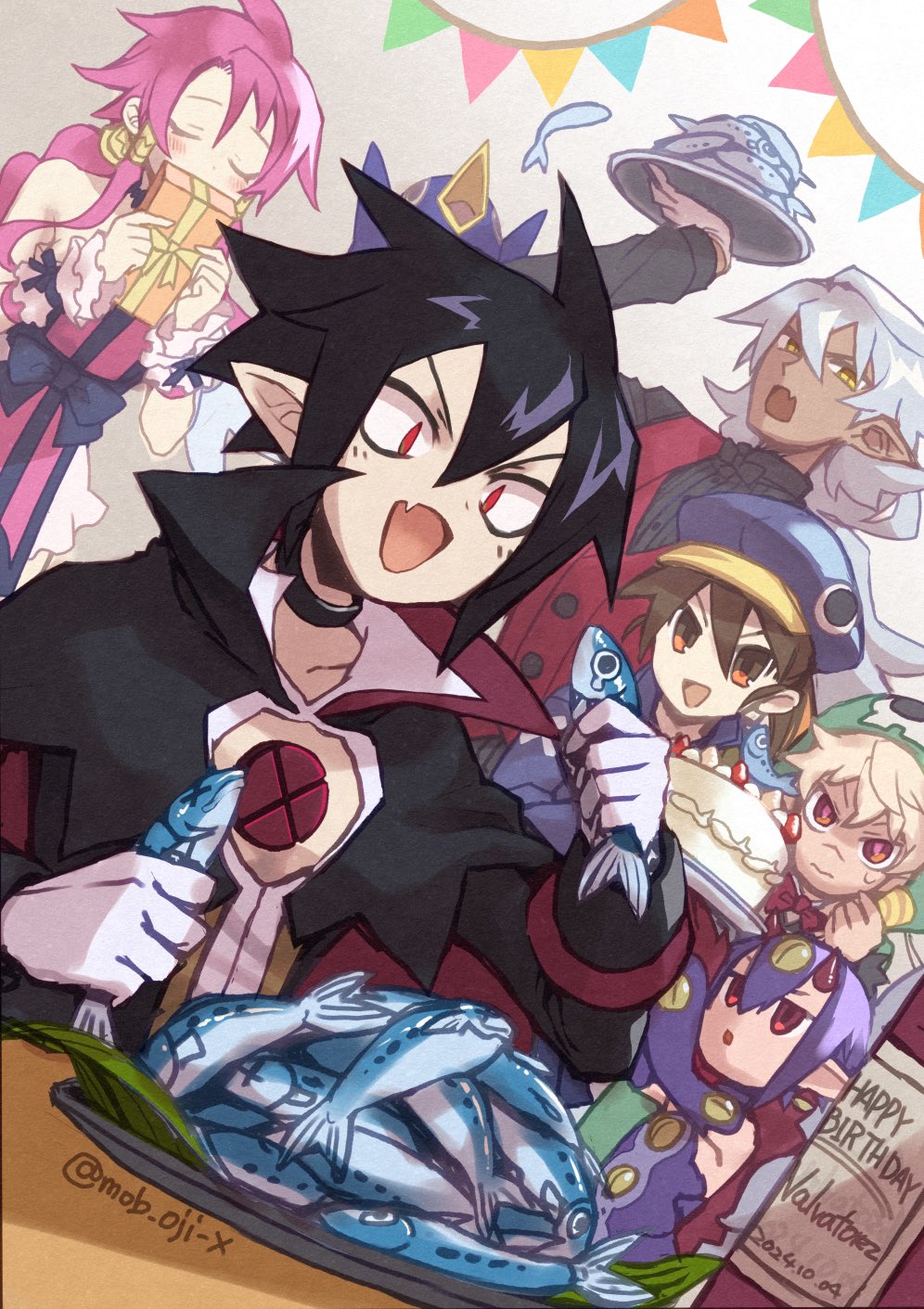 3boys 3girls angel artist_name black_hair blonde_hair blue_hat bow bowtie brown_eyes brown_hair cake child closed_eyes demon_boy demon_girl desco_(disgaea) disgaea emizel_(disgaea) extra_eyes fenrich_(disgaea) food gloves green_hoodie grey_hair hair_between_eyes hair_tubes happy_birthday hat highres holding holding_plate hood hoodie horns kazamatsuri_fuuka long_hair makai_senki_disgaea_4 multiple_boys multiple_girls open_mouth penguin_hat pink_hair plate pointy_ears prinny red_bow red_bowtie red_eyes red_horns sardine satoimo_2009 short_hair sidelocks smile twintails valvatorez_(disgaea) vampire vulcanus_(disgaea_4) werewolf yellow_eyes