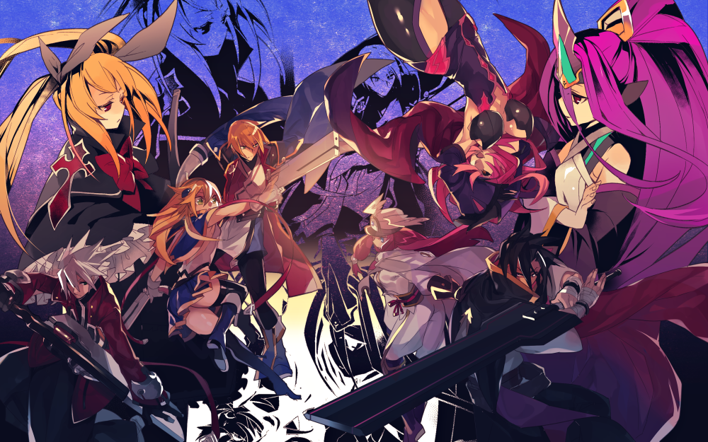 3boys 5girls armpits bad_id bad_pixiv_id black_gloves black_hair black_legwear blazblue blazblue:_central_fiction blonde_hair blue_footwear blue_skirt bolverk boots breasts cape coat detached_sleeves expressionless fighting_stance gloves green_eyes grey_hair gun hades_izanami hat hyakuhachi_(over3) kagura_mutsuki kisaragi_jin knee_boots konoe_a._mercury long_hair mikado_(blazblue) miniskirt multiple_boys multiple_girls noel_vermillion pink_hair ponytail purple_hair rachel_alucard ragna_the_bloodedge red_eyes red_hair skirt small_breasts spiked_hair sword thighhighs tsubaki_yayoi twintails upside-down weapon