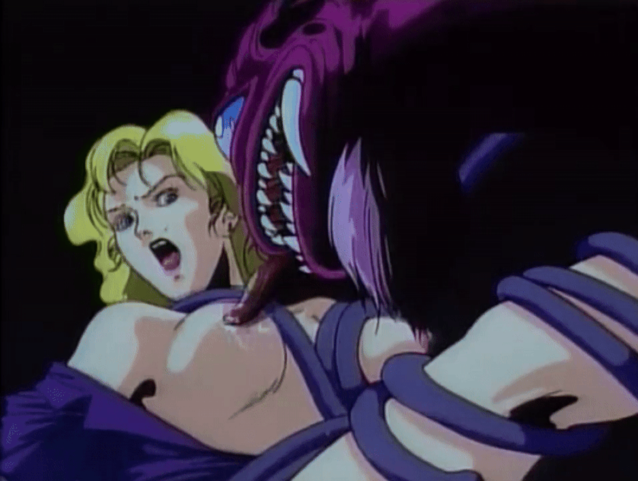 1990s_(style) 1992 1girl animated animated_gif blonde_hair blue_eyes breasts earrings jewelry large_breasts licking licking_nipple lipstick lowres makeup monster nipple_stimulation nipples bad_tag open_clothes retro_artstyle secretary short_hair tagme tongue tongue_out urotsukidouji
