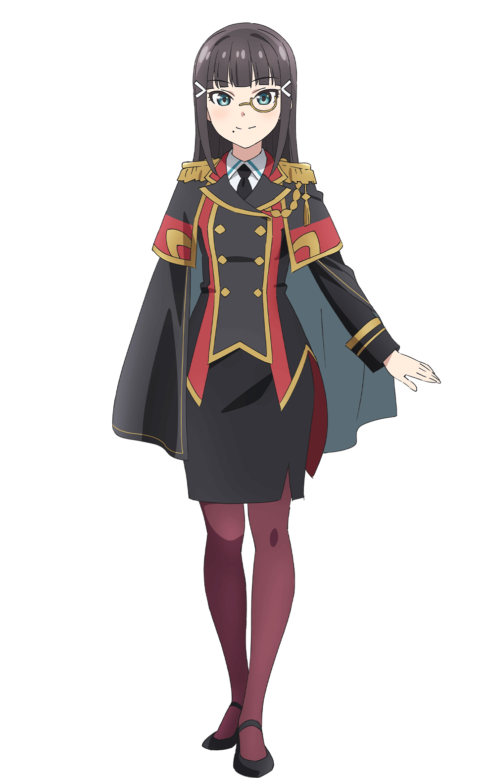 1girl aqua_eyes black_capelet black_hair black_jacket black_necktie black_shoes black_skirt blunt_bangs buttons capelet closed_mouth collared_shirt dia_(genjitsu_no_yohane) double-breasted epaulettes full_body genjitsu_no_yohane hair_intakes hair_ornament hairclip highres jacket kurosawa_dia long_hair long_sleeves looking_at_viewer love_live! love_live!_sunshine!! mary_janes medium_skirt mole mole_under_mouth monocle necktie official_art pantyhose pencil_skirt red_pantyhose shirt shoes simple_background skirt smile solo split_mouth standing tachi-e transparent_background white_shirt