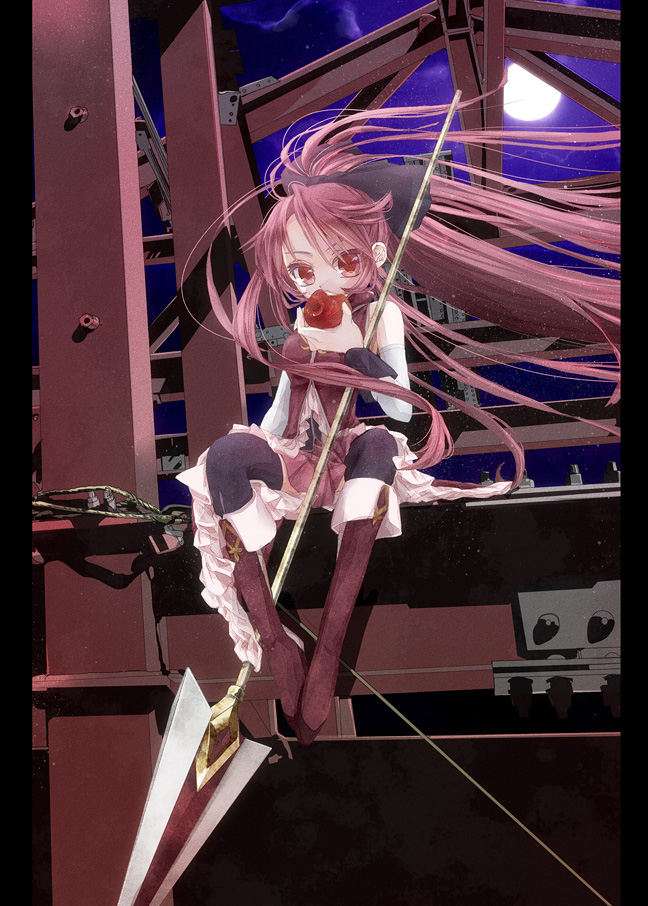 10s 1girl 218 apple bad_id bad_pixiv_id boots bow eating female_focus food fruit hair_bow mahou_shoujo_madoka_magica mahou_shoujo_madoka_magica_(anime) polearm ponytail red_eyes red_hair sakura_kyoko sakura_kyoko_(magical_girl) solo spear thighhighs weapon