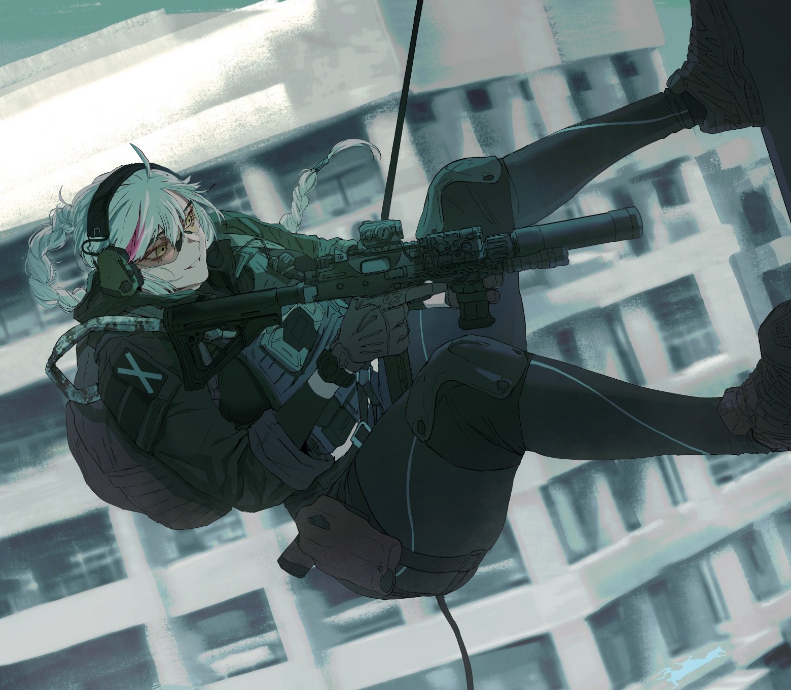 1girl arm_pouch b&t_mp9 backpack bag black_jacket black_undershirt braid braided_ponytail building bulletproof_vest earmuffs feet_against_wall flashlight glasses gloves grey_gloves grey_hair gun gun_sling handgun high_braided_ponytail highres holster horse_girl jacket knee_pads laser_sight long_hair long_sleeves maxturbo69 original ponytail puffy_long_sleeves puffy_sleeves rappelling red_dot_sight safety_glasses sleeves_rolled_up smartphone_case solo submachine_gun suppressor swimsuit thigh_holster tinted_eyewear trigger_discipline very_long_hair watch weapon yellow_eyes