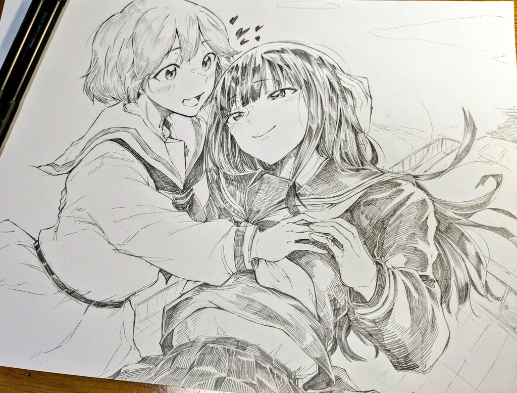 2girls art_tools_in_frame belt blush closed_mouth commentary_request couple enoki_sachi gasuri_govan graphite_(medium) greyscale hand_on_another&#039;s_head long_hair long_sleeves looking_at_another lying mechanical_pencil monochrome multiple_girls nagatani_megumi neckerchief okujou_no_yurirei-san on_back open_mouth pencil pleated_skirt sailor_collar shirt short_hair sidelocks skirt traditional_media yuri