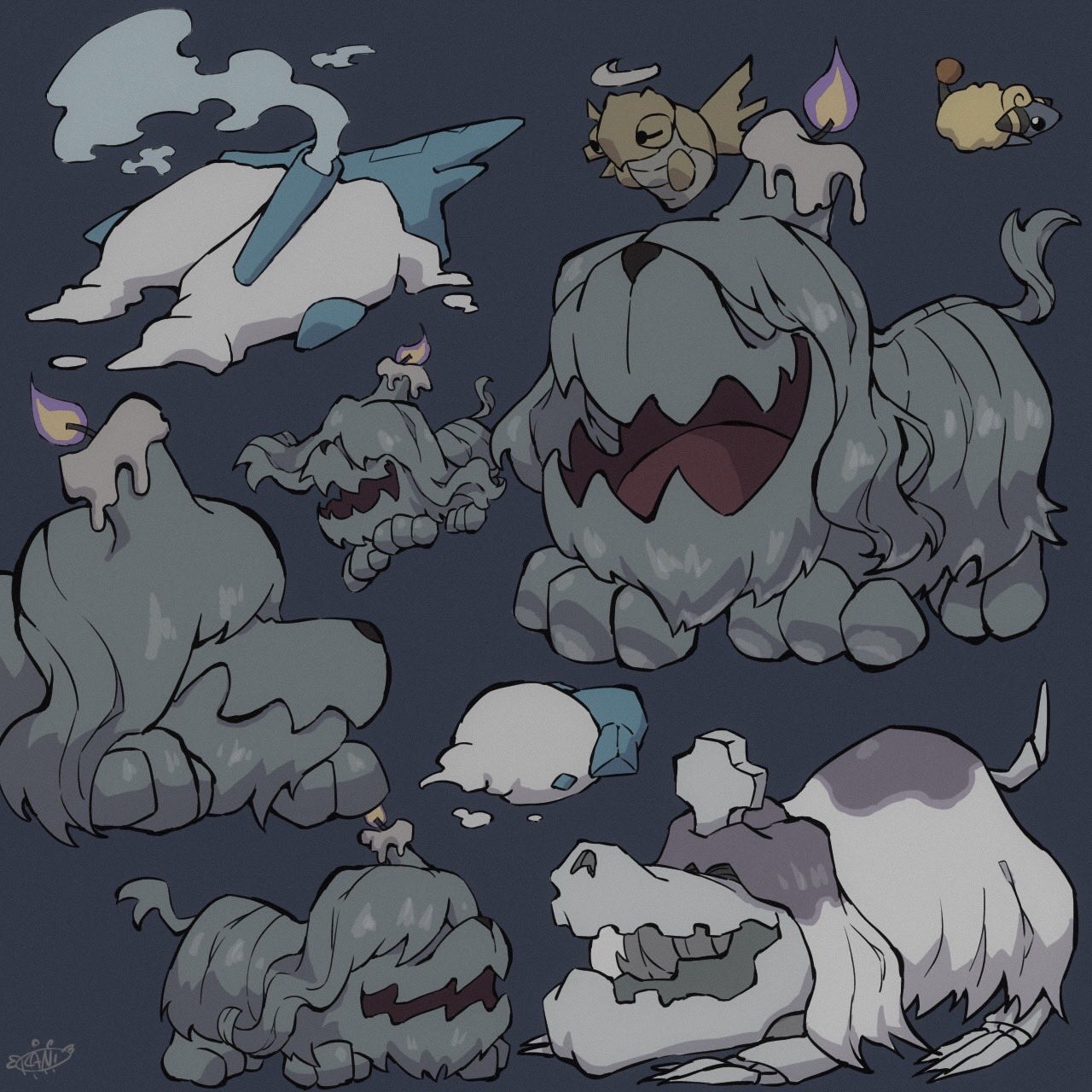 6+others animal_focus claws evolutionary_line floating gen_2_pokemon gen_3_pokemon gen_5_pokemon gen_9_pokemon greavard highres houndstone kanikanipan3740 lying mareep multiple_others nintendo no_humans open_mouth pokemon pokemon_(creature) sharp_teeth shedinja simple_background teeth vanillite vanilluxe