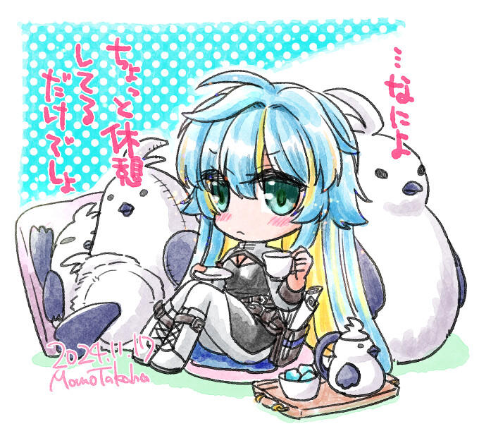 1girl :&lt; artist_name black_dress blonde_hair blue_eyes blue_hair blush boots chibi chibi_only closed_mouth commentary_request cup dated dress full_body holding holding_cup holding_saucer iwin_(ragnarok_online) lace-up_boots long_hair looking_at_viewer multicolored_hair pants ragnarok_online saucer simulation_juncea sitting solo streaked_hair stuffed_animal stuffed_bird stuffed_toy takaha_momo teacup translation_request two-tone_hair very_long_hair white_boots white_pants