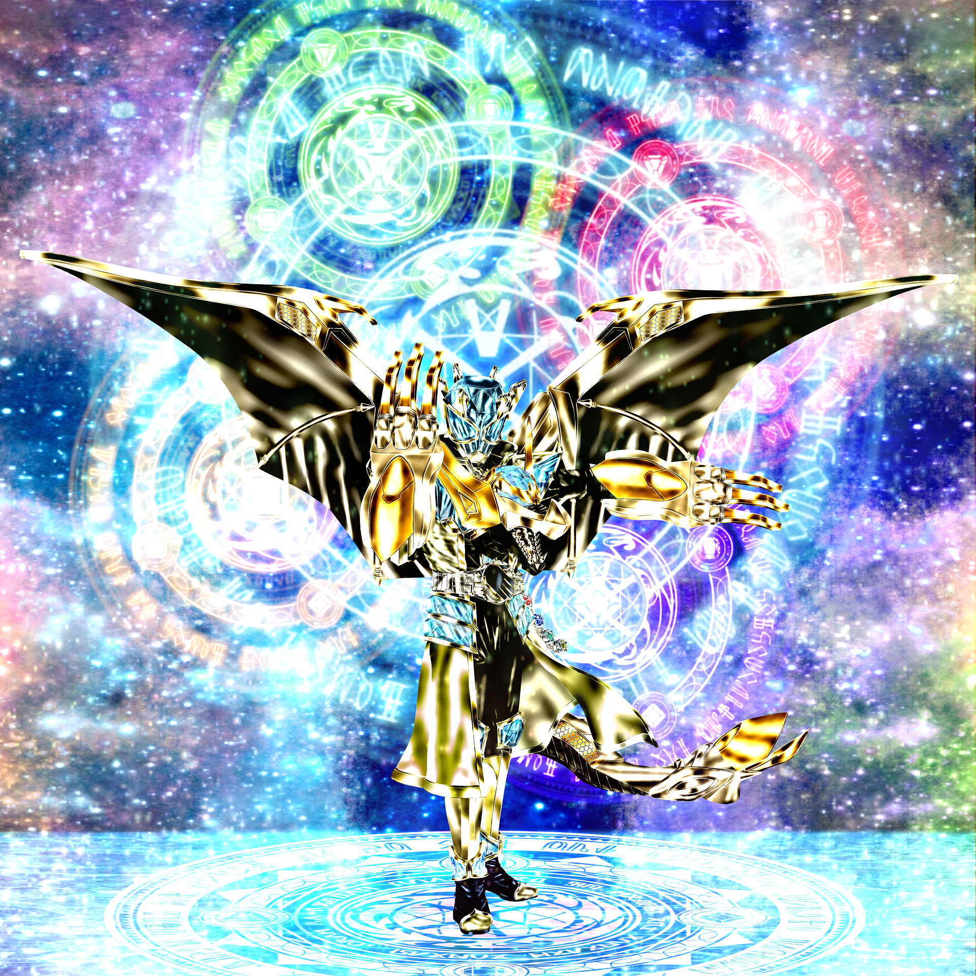 1boy armor compound_eyes dragon dragon_claw dragon_tail dragon_wings flame_wizard_ring full_body gem gold_armor highres hurricane_wizard_ring kamen_rider kamen_rider_wizard kamen_rider_wizard_(infinity_dragon_gold) kamen_rider_wizard_(series) kuzurx land_wizard_ring magic_circle male_focus space standing tail the_fateful_sengoku_movie_battle water_wizard_ring wings wizard_ring wizardriver