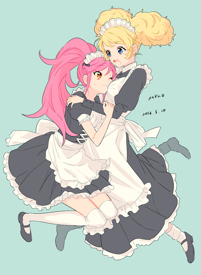 afro_puffs aikatsu!_(series) apron black_dress black_footwear blonde_hair blue_eyes dress eyelashes frilled_apron frills hug juliet_sleeves long_sleeves maid maid_apron maid_headdress mary_janes one_eye_closed open_mouth otoshiro_seira pink_hair ponytail puffy_sleeves saegusa_kii shiman shoes socks thighhighs waist_apron white_socks white_thighhighs yuri