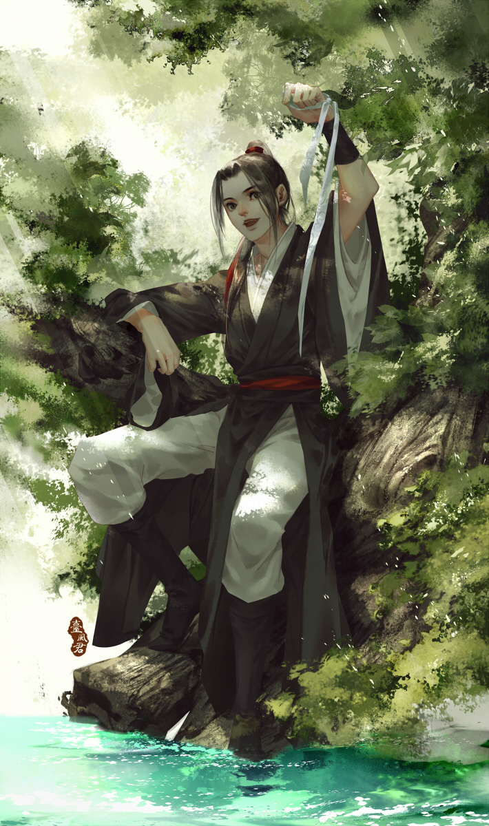 1boy black_boots black_eyes black_hair black_hanfu boots chinese_clothes chinese_commentary full_body hair_ribbon hanfu headband high_ponytail highres in_tree light_rays long_hair long_sleeves looking_at_viewer male_focus modao_zushi open_mouth pants ponytail red_ribbon ribbon sitting sitting_in_tree smile solo sunbeam sunlight taifeng_jun_yijing_qi_zhi_le tree unworn_headband water wei_wuxian white_headband white_pants wide_sleeves zhijupao