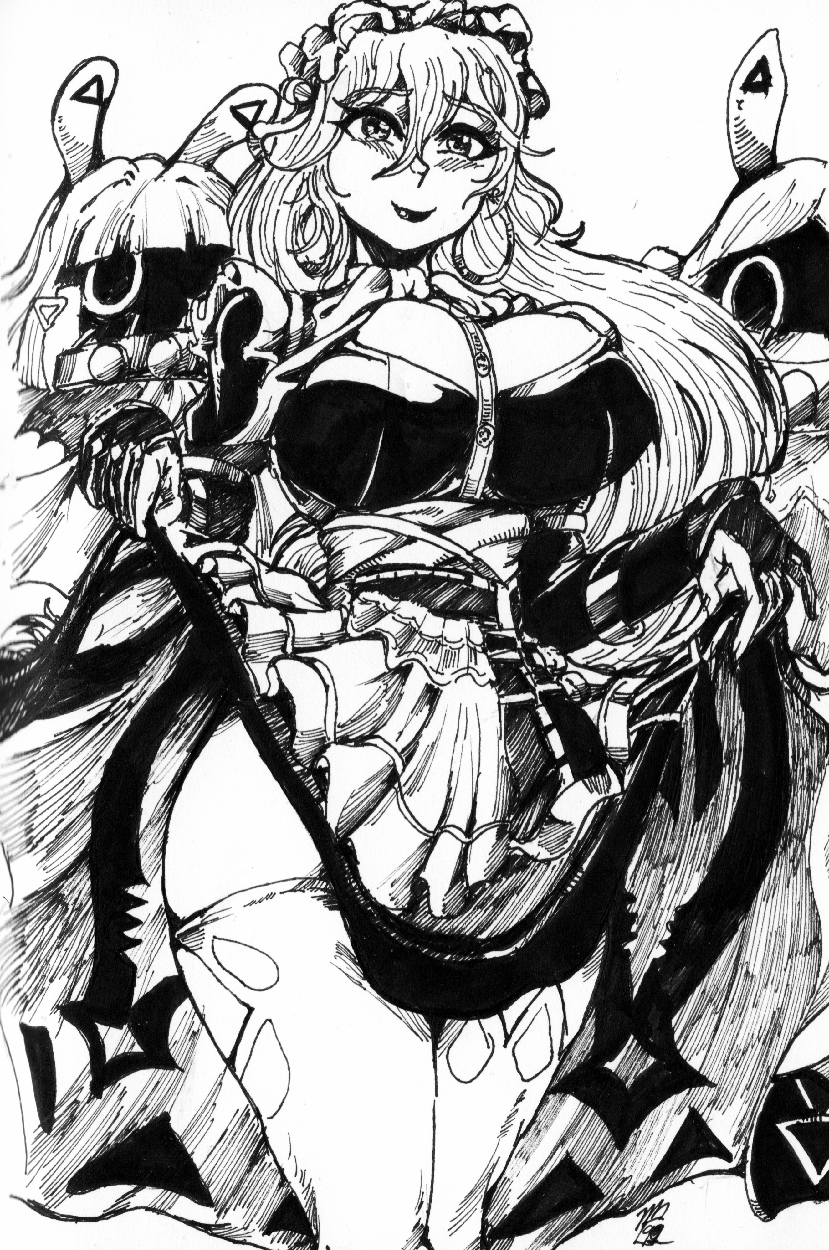 1girl 2025 absurdres apron artist_logo bangboo_(zenless_zone_zero) black_dress blush breasts cleavage clothes_lift commentary cowboy_shot dress dress_lift drusilla_(zenless_zone_zero) english_commentary faux_traditional_media gloves hair_between_eyes highres ink juliet_sleeves large_breasts legs_together lipstick logo long_sleeves looking_at_viewer maid_apron makeup makinidraws nose_blush partially_fingerless_gloves puffy_sleeves ribbon rina_atherina simple_background straight_hair thick_thighs thighhighs thighs white_background zenless_zone_zero
