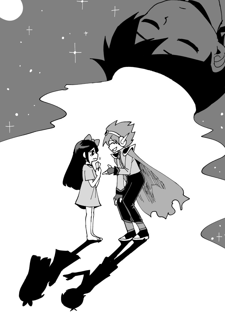 1girl 2boys ^_^ aizawa_sachi aubrey_(headspace)_(omori) aubrey_(omori) barefoot bow captain_spaceboy closed_eyes closed_mouth different_shadow fingerless_gloves gloves greyscale hair_bow hand_on_own_knee long_hair long_shirt long_sleeves monochrome multiple_boys omori open_mouth pants shadow short_hair short_sleeves sleeping sunny_(omori) tearing_up