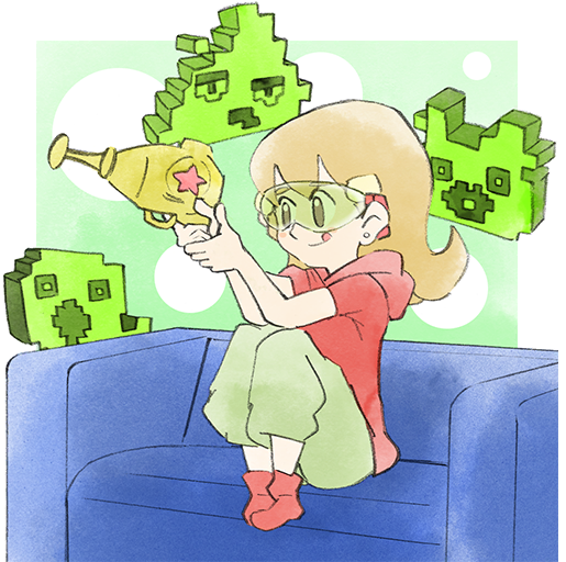 1girl 5-volt brown_hair couch green_pants hood hoodie long_hair monster nintendo official_art on_couch pants red_footwear red_hoodie sitting smile takeuchi_kou third-party_source tongue tongue_out toy_gun warioware warioware:_get_it_together!