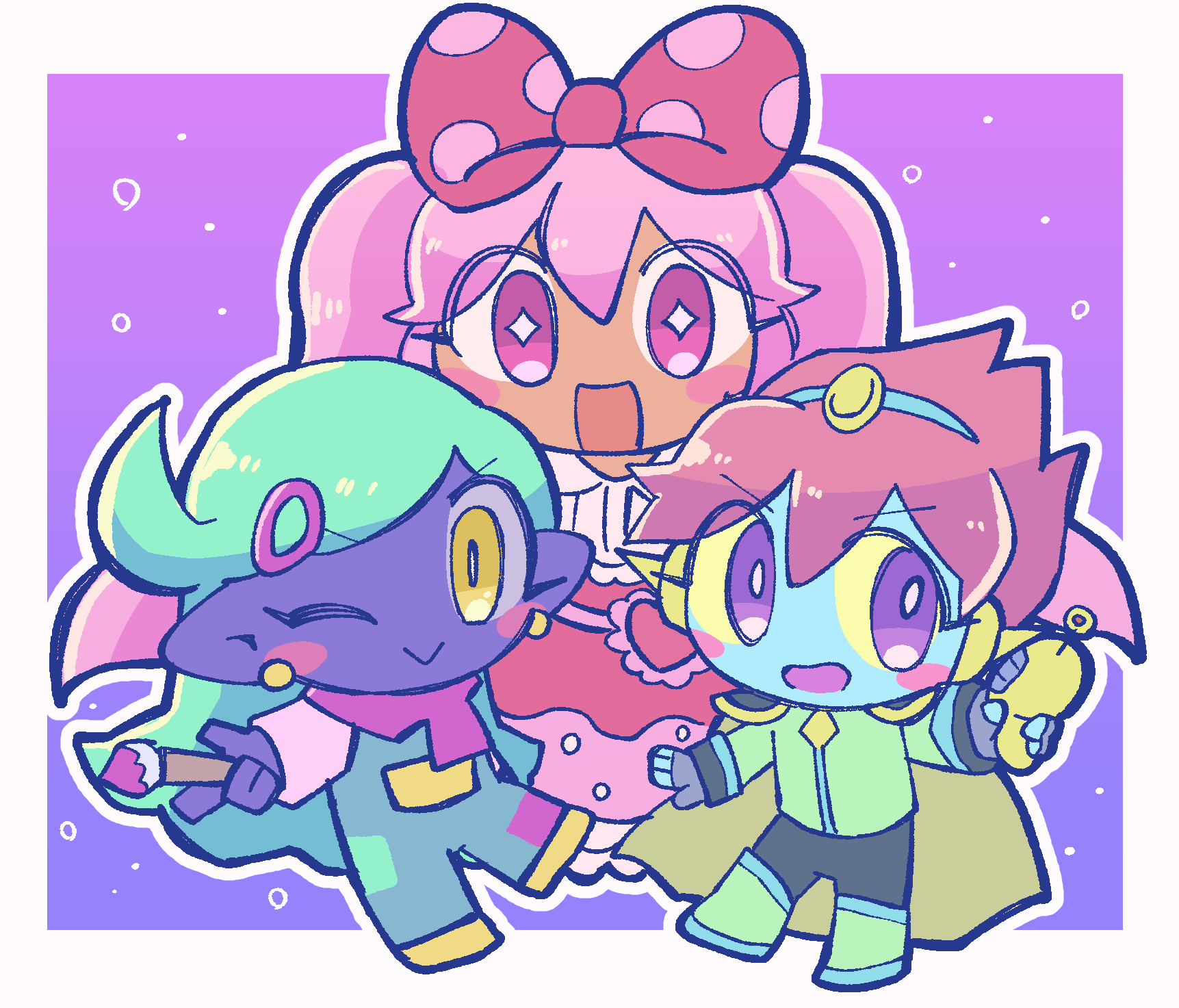 1girl 2boys :d ;> androgynous armor belt black_pants blue_hairband blue_overalls blue_sky boots border bow boy_sandwich bright_pupils captain_spaceboy chibi chibi_only colored_sclera colored_skin commentary_request dark-skinned_female dark_skin diamond-shaped_pupils diamond_(shape) double-parted_bangs dress earrings energy_gun fewer_digits fingerless_gloves full_body gloves green_boots green_hair green_jacket grey_gloves hair_between_eyes hair_bow hairband highres holding holding_paintbrush holding_ray_gun index_finger_raised jacket jewelry knee_boots long_hair long_sleeves looking_at_viewer multiple_boys omori open_mouth outline outside_border overalls paintbrush pants pink_belt pink_bow pink_dress pink_eyes pink_hair pink_scarf pointy_ears polka_dot polka_dot_bow purple_background purple_eyes purple_skin ray_gun red_hair rococo_(omori) sandwiched scarf shoes short_hair shoulder_armor simple_background sky smile standing standing_on_one_leg stud_earrings sweetheart_(omori) symbol-shaped_pupils twintails v-shaped_eyebrows weapon white_border white_outline white_pupils yamegane yellow_eyes yellow_sclera yellow_shoes