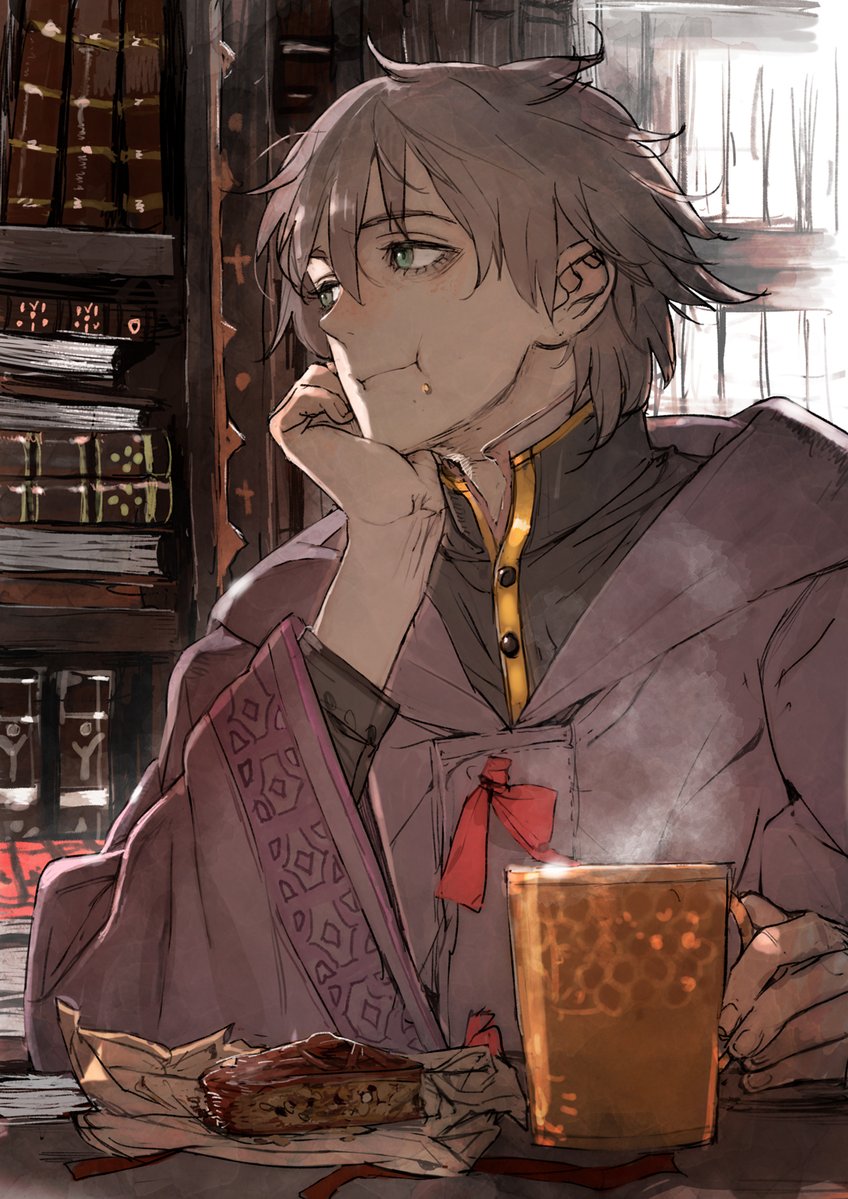1boy book bookshelf cake chewing cup dare_ga_yuusha_wo_koroshita_ka eating food food_wrapper happy head_rest indoors light_smile solo steam toi8