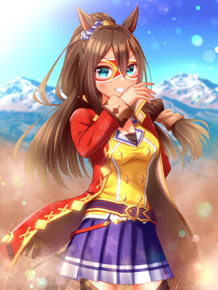 1girl animal_ears belt blue_eyes blue_skirt blush breasts brown_hair brown_thighhighs buttons cleavage cowboy_shot domino_mask double-breasted double-parted_bangs ear_scrunchie el_condor_pasa_(umamusume) eye_mask grin hair_ornament highres horse_ears horse_girl horseshoe_background jacket jacket_on_shoulders long_hair long_sleeves low-tied_long_hair mask one_side_up pleated_skirt red_jacket shirt skirt sleeve_cuffs smile solo sugimotty_nova tail thighhighs umamusume yellow_shirt zettai_ryouiki