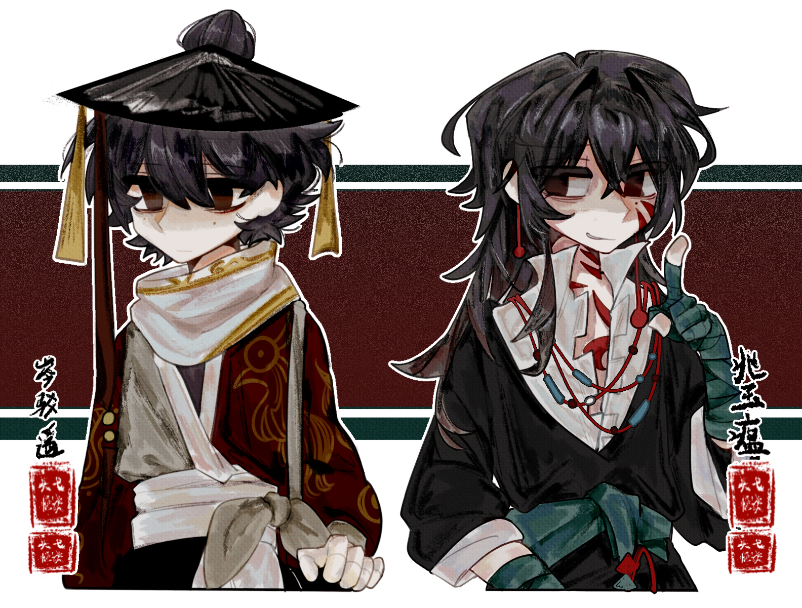 2boys :| bandaged_hand bandages black_hair black_hat black_jacket cen_boyao chest_tattoo chinese_clothes chinese_commentary closed_mouth commentary_request cropped_torso diaotushuchuqi earrings expressionless facial_tattoo hair_between_eyes hair_through_headwear hand_up hanfu hat highres huayangshan_jishi index_finger_raised jacket jewelry long_hair long_sleeves male_focus mole mole_under_each_eye mole_under_eye multicolored_clothes multiple_boys multiple_moles neck_tattoo partially_unbuttoned red_eyes scarf shirt short_hair sleeves_rolled_up smile tattoo white_scarf white_shirt zhao_yuwen