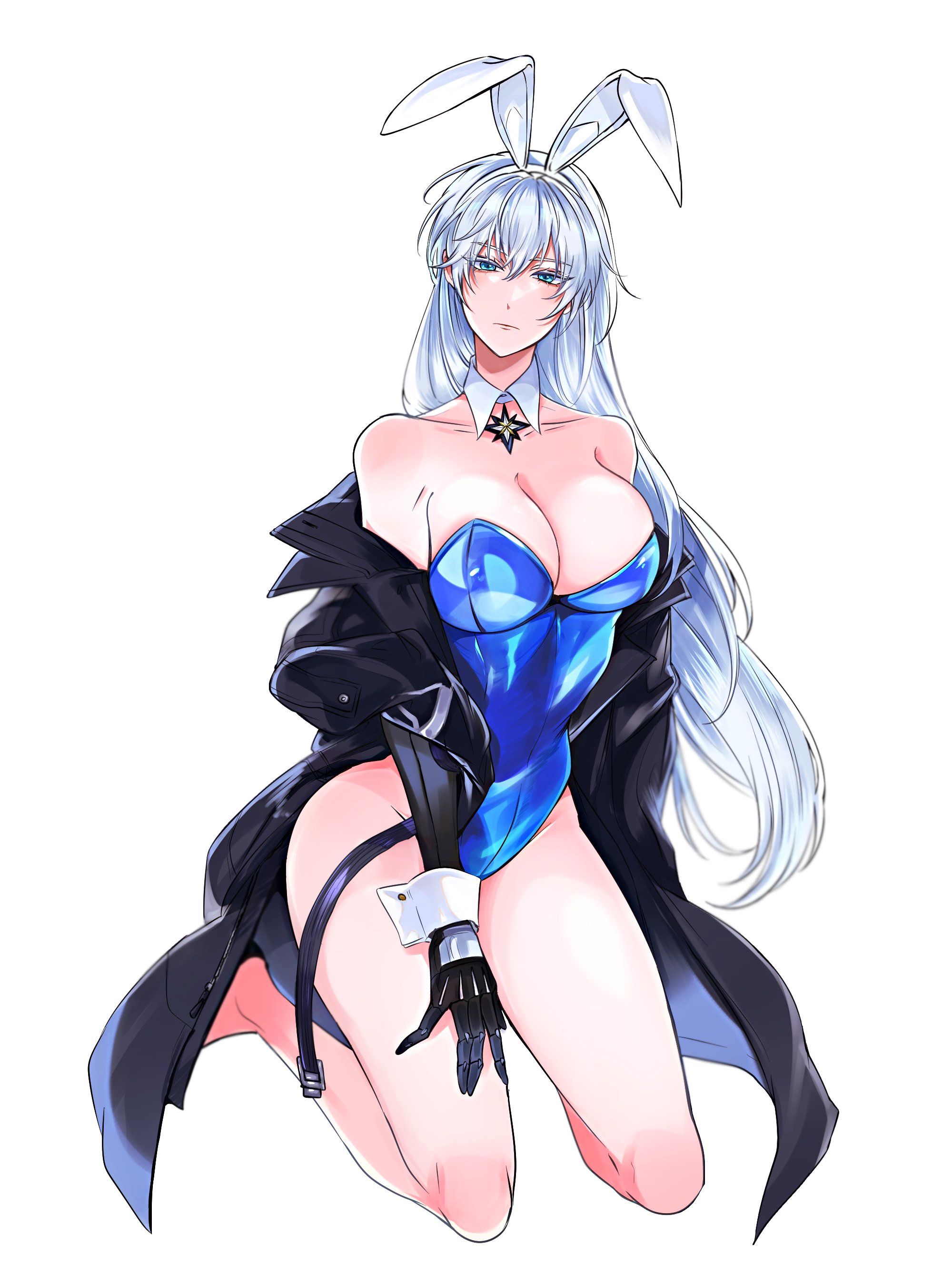 1girl absurdres animal_ears bare_shoulders black_coat blue_eyes blue_leotard breasts cleavage closed_mouth coat collarbone detached_collar dimjh fake_animal_ears frown genderswap genderswap_(mtf) goddess_of_victory:_nikke grey_hair highres jewelry johan_(nikke) kneeling large_breasts leotard long_hair looking_at_viewer mechanical_arms necklace off-shoulder_coat off_shoulder playboy_bunny rabbit_ears simple_background single_mechanical_arm solo strapless strapless_leotard white_background